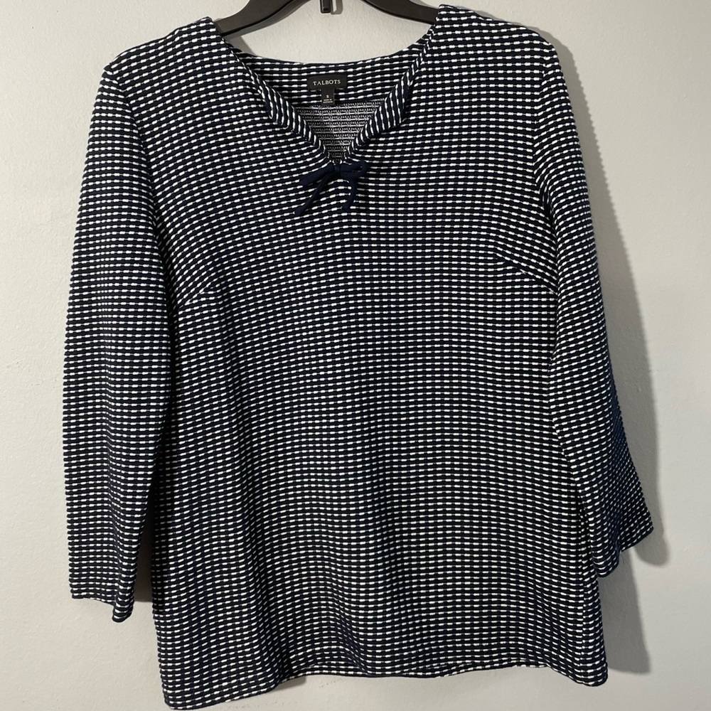 Talbots Women’s S V-Neck Textured Dashed Lines Sweater Casual Top Navy Blue